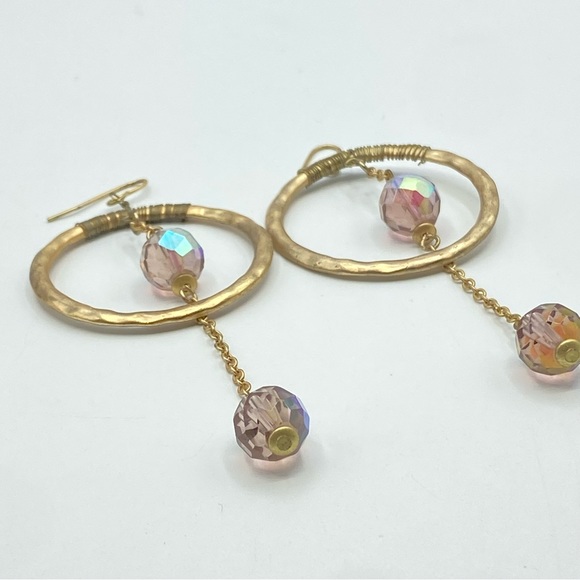 Hammered Gold Tone Hoop Earrings AB Pink Crystal Drop Bohemian Chic Boho Dangle - Picture 3 of 7